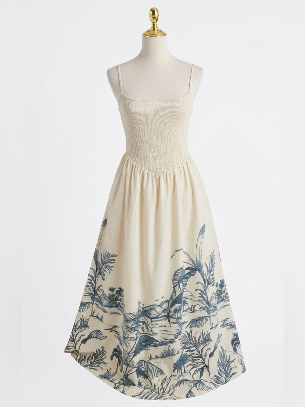 Abercrombie & Fitch Smocked Botanical Toile Midi Sundress Cream Blue Small